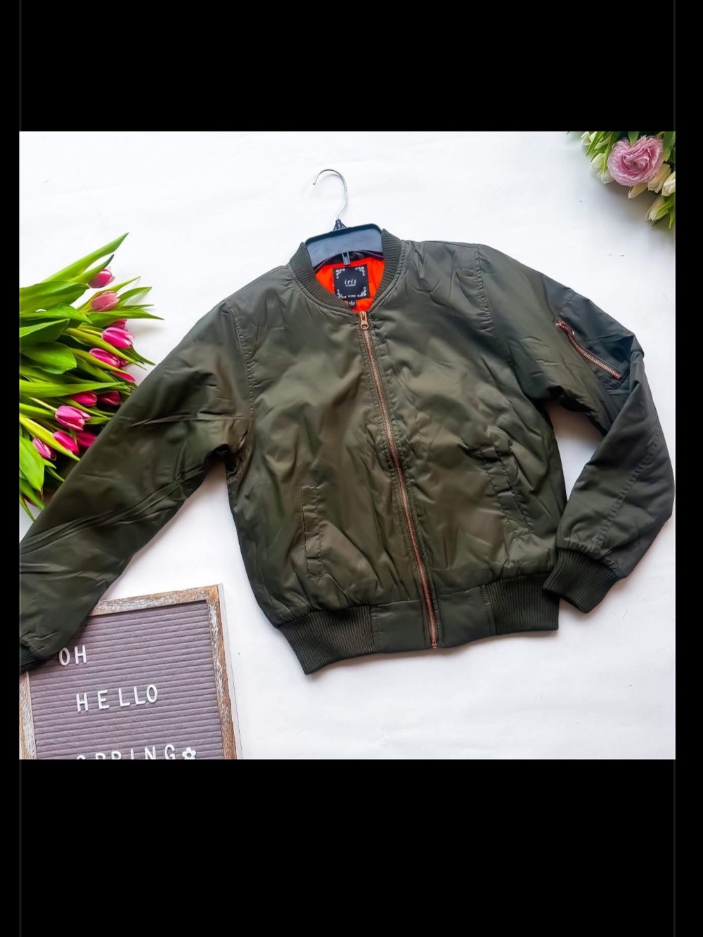 Iris Khaki Bomber Jacket with Orange Lining Medium
